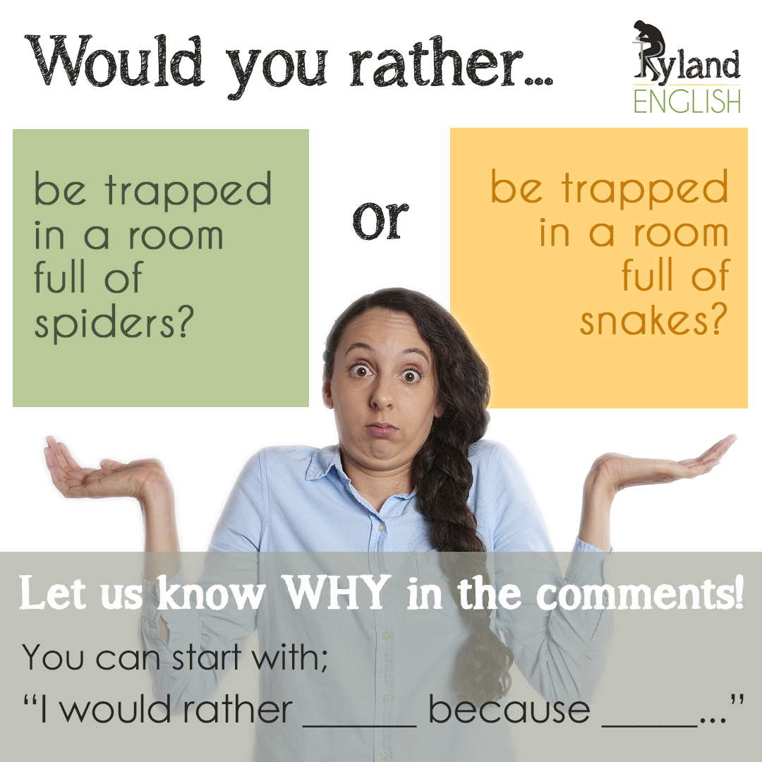 Image asking; Would you rather be trapped in a room full of spiders or snakes?